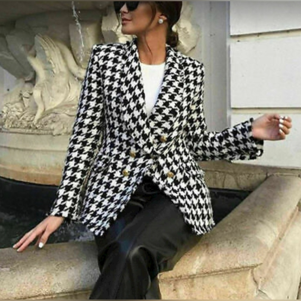Zara Black and White Houndstooth Blazer